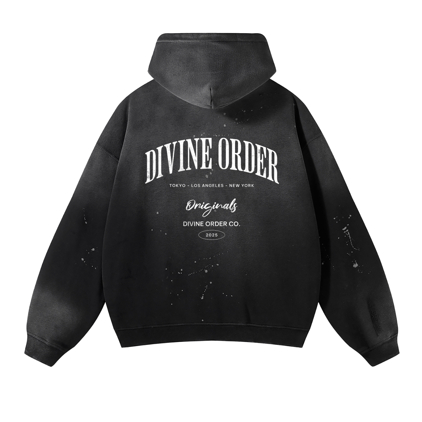 Black hoodie with 'Divine Order' text on the back against a white background