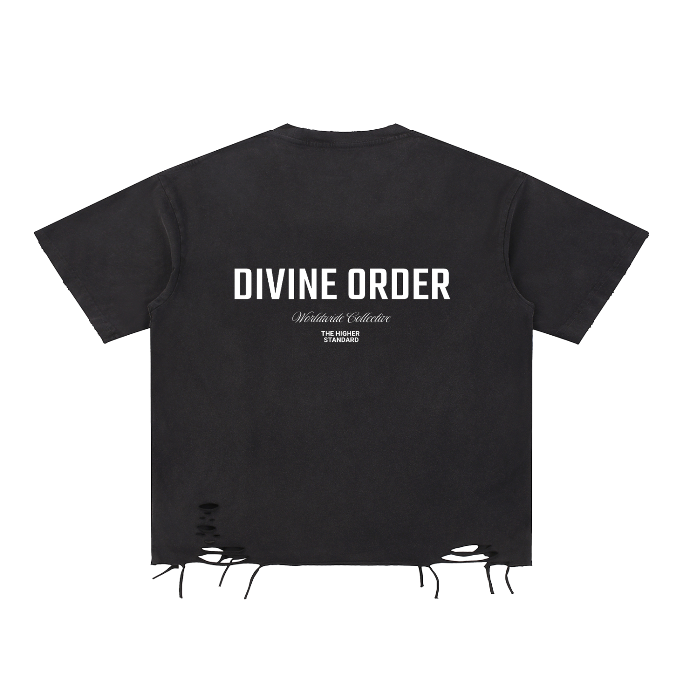 Black t-shirt with 'Divine Order' text on a white background