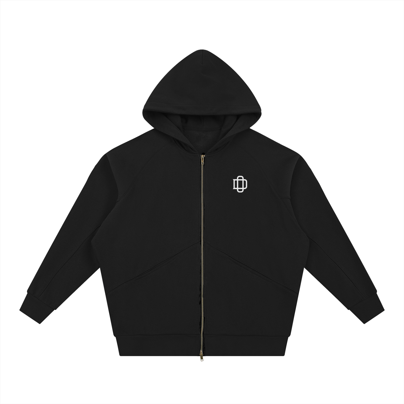 Black hoodie with a small white logo on a white background