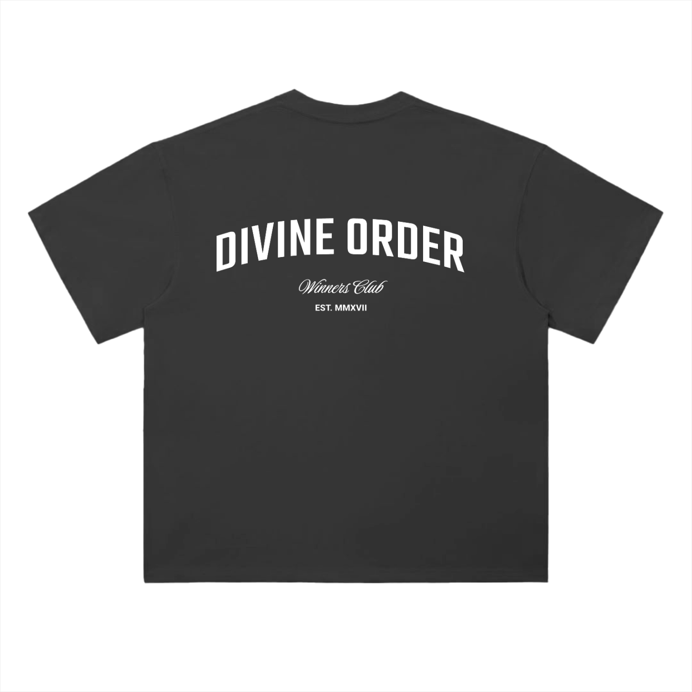 Black t-shirt with 'Divine Order' text on a white background