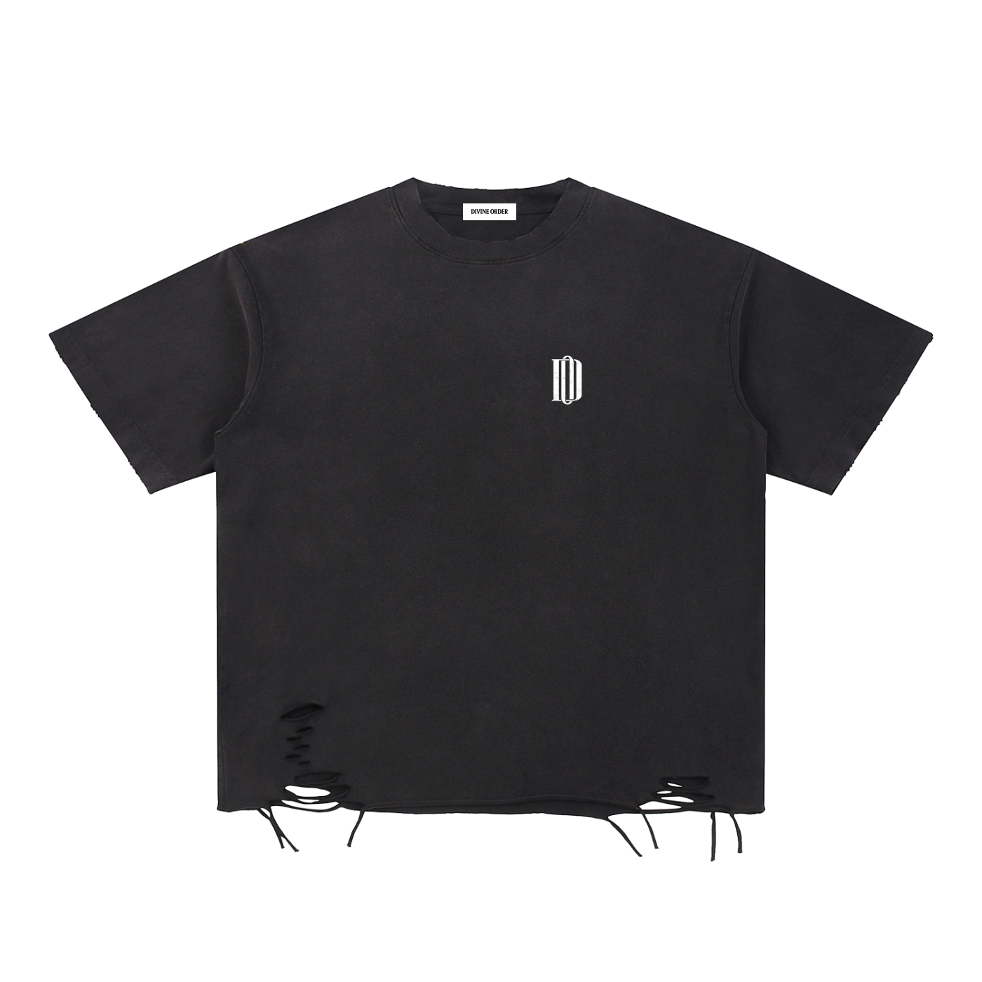 Black t-shirt with a small logo on a white background