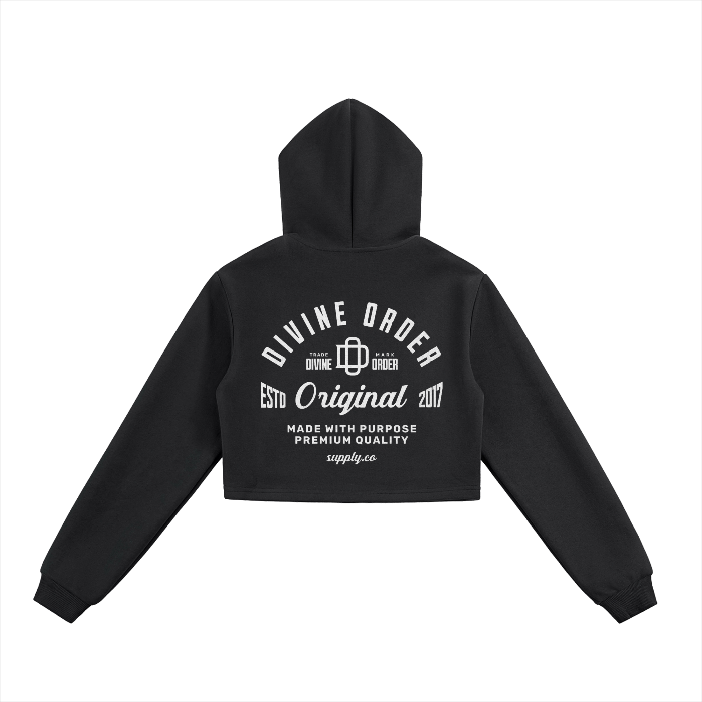Black hoodie with white text on the back on a white background