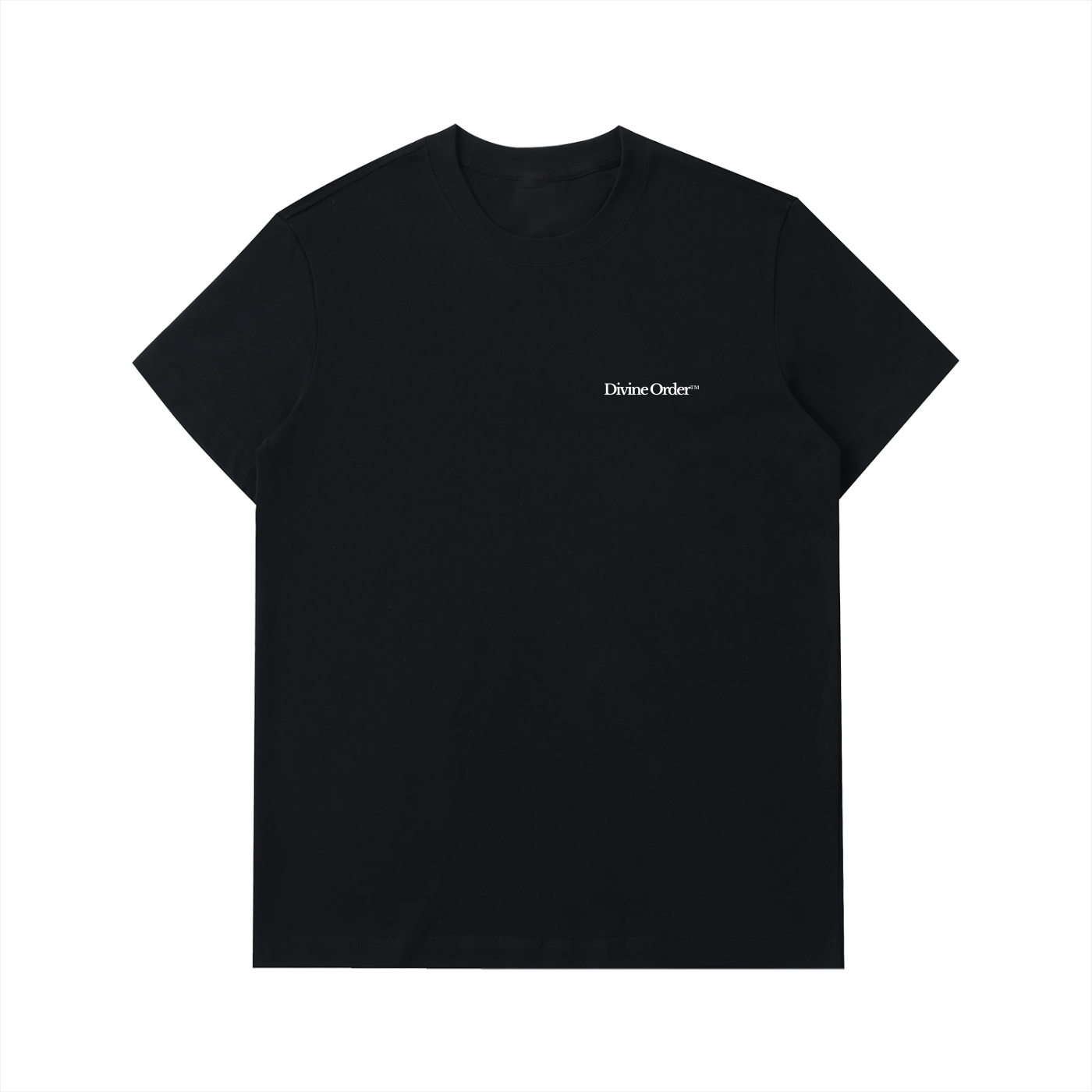 Black t-shirt with 'Divine Order' logo on a white background