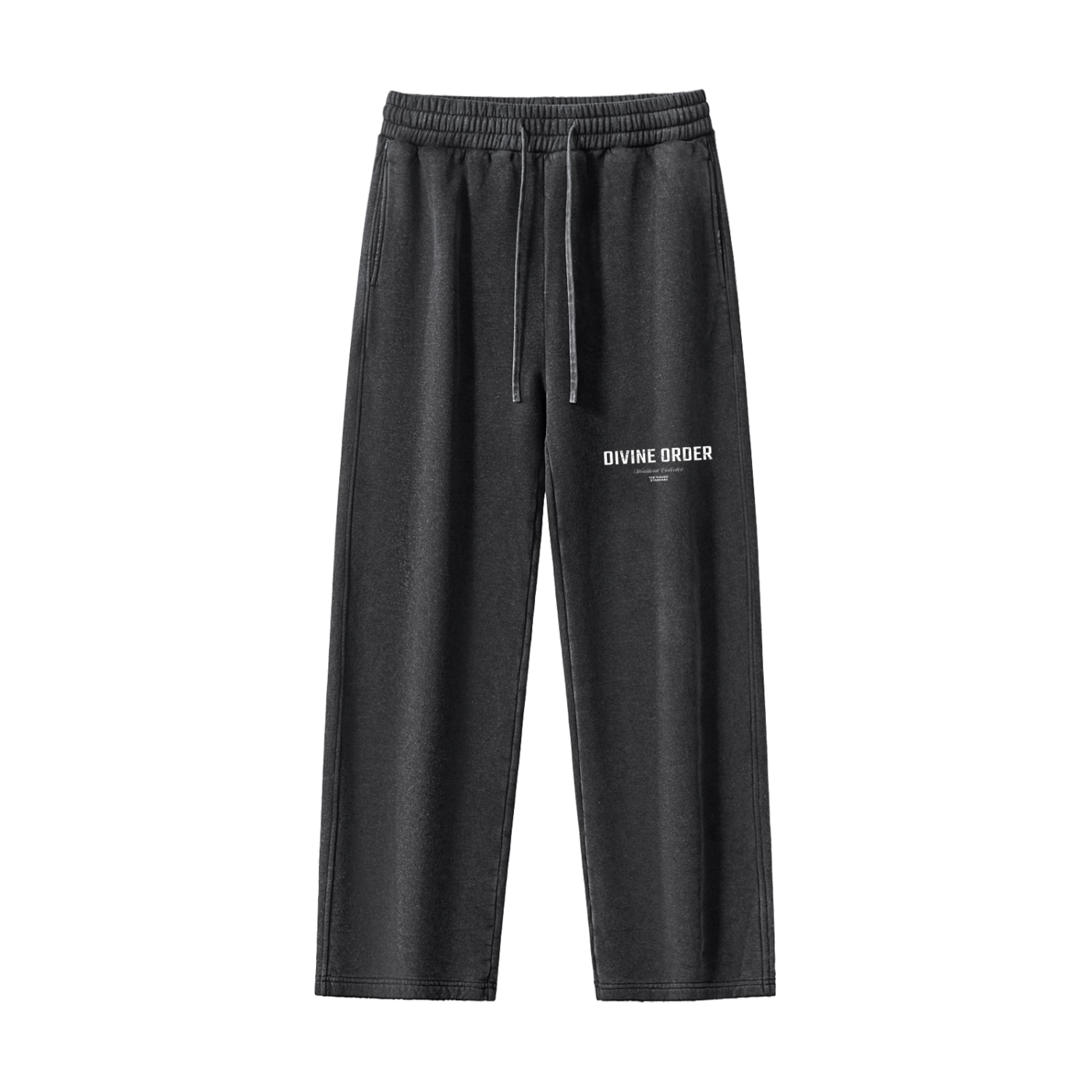 Black sweatpants with 'Divine Order' logo on a white background