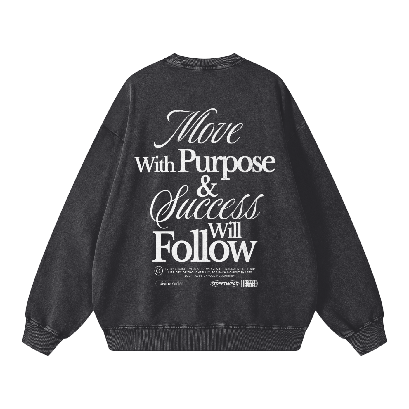 Black sweatshirt with motivational text on the back against a white background