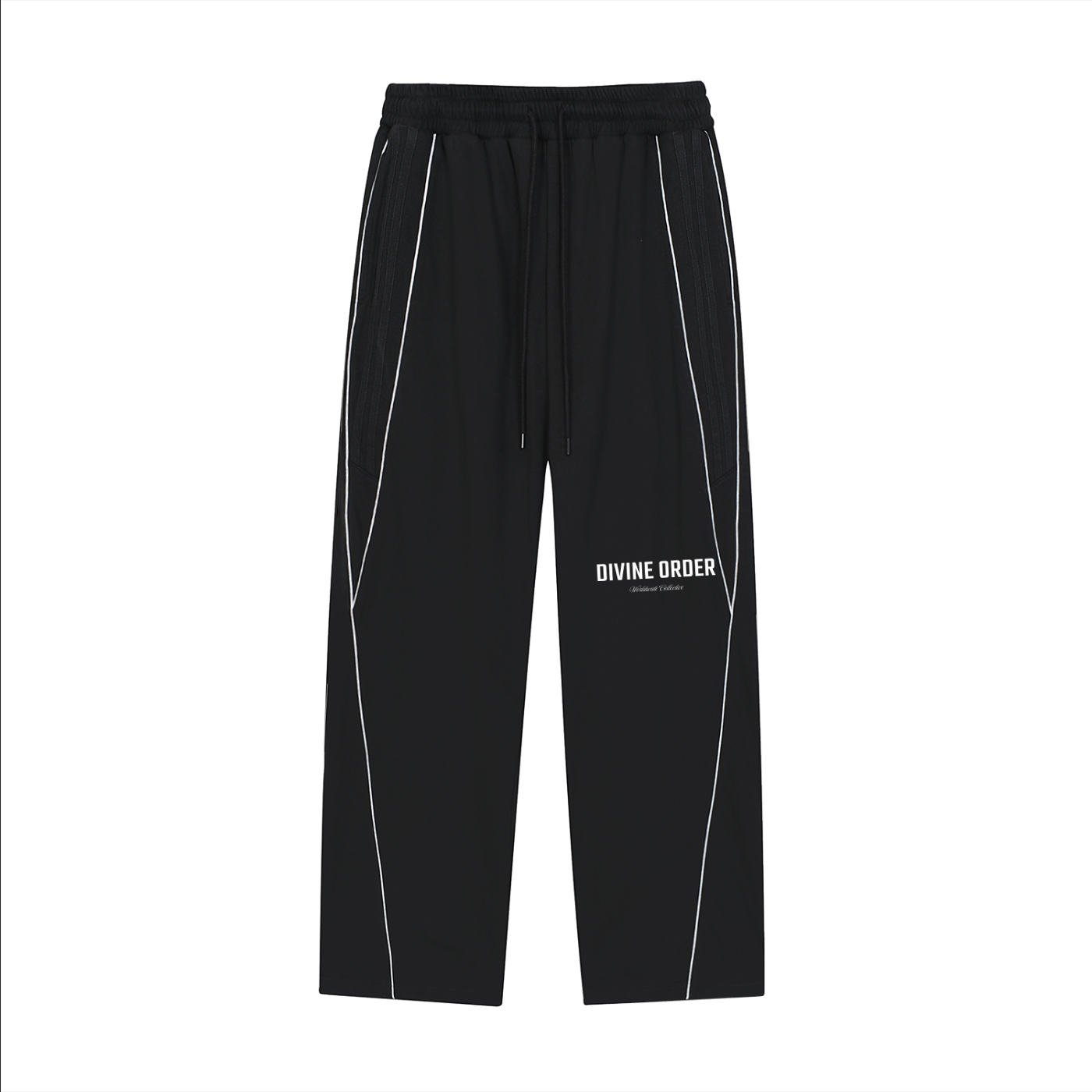 Black pants with white accents and 'Divine Order' branding on a white background