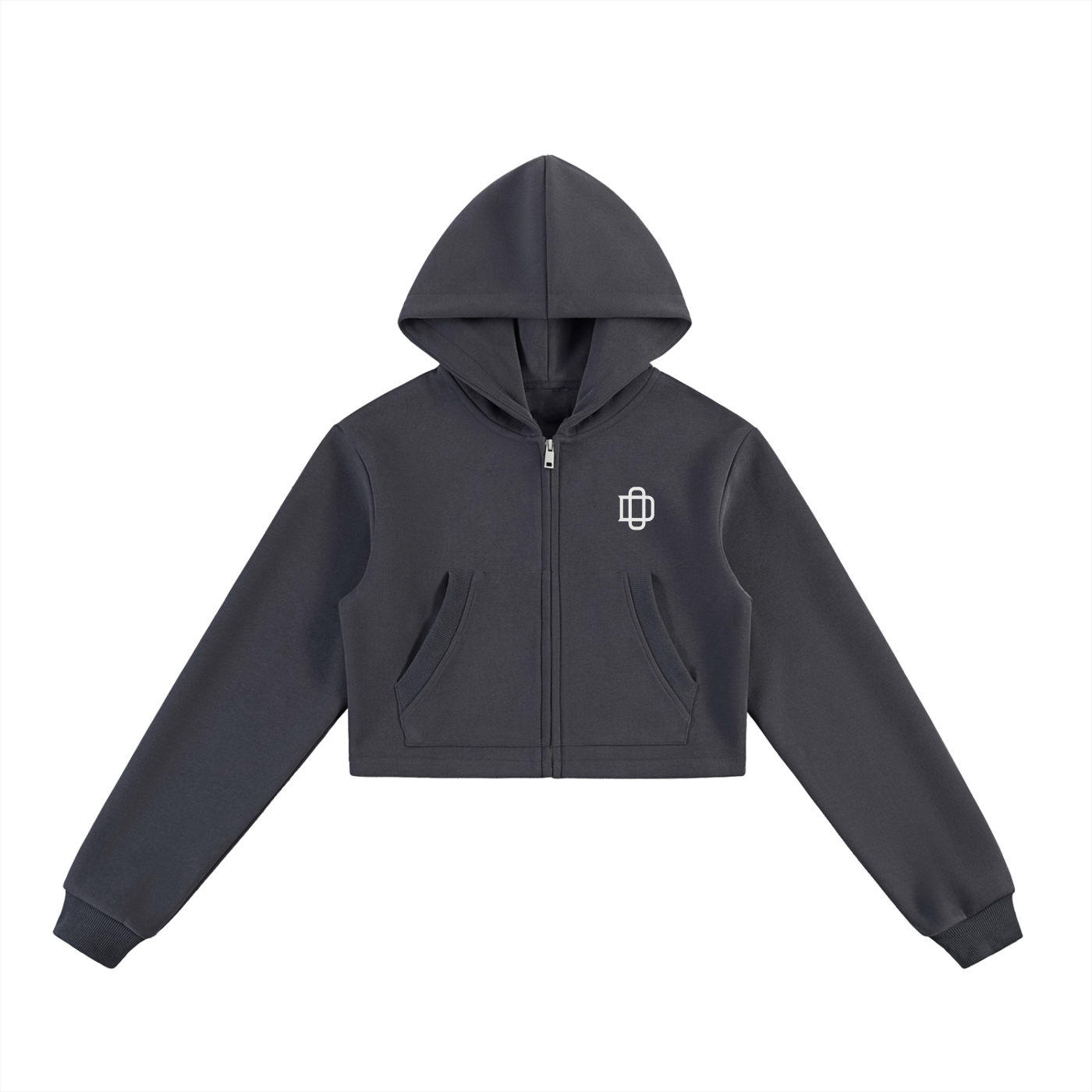 Dark gray hoodie with a small logo on a white background