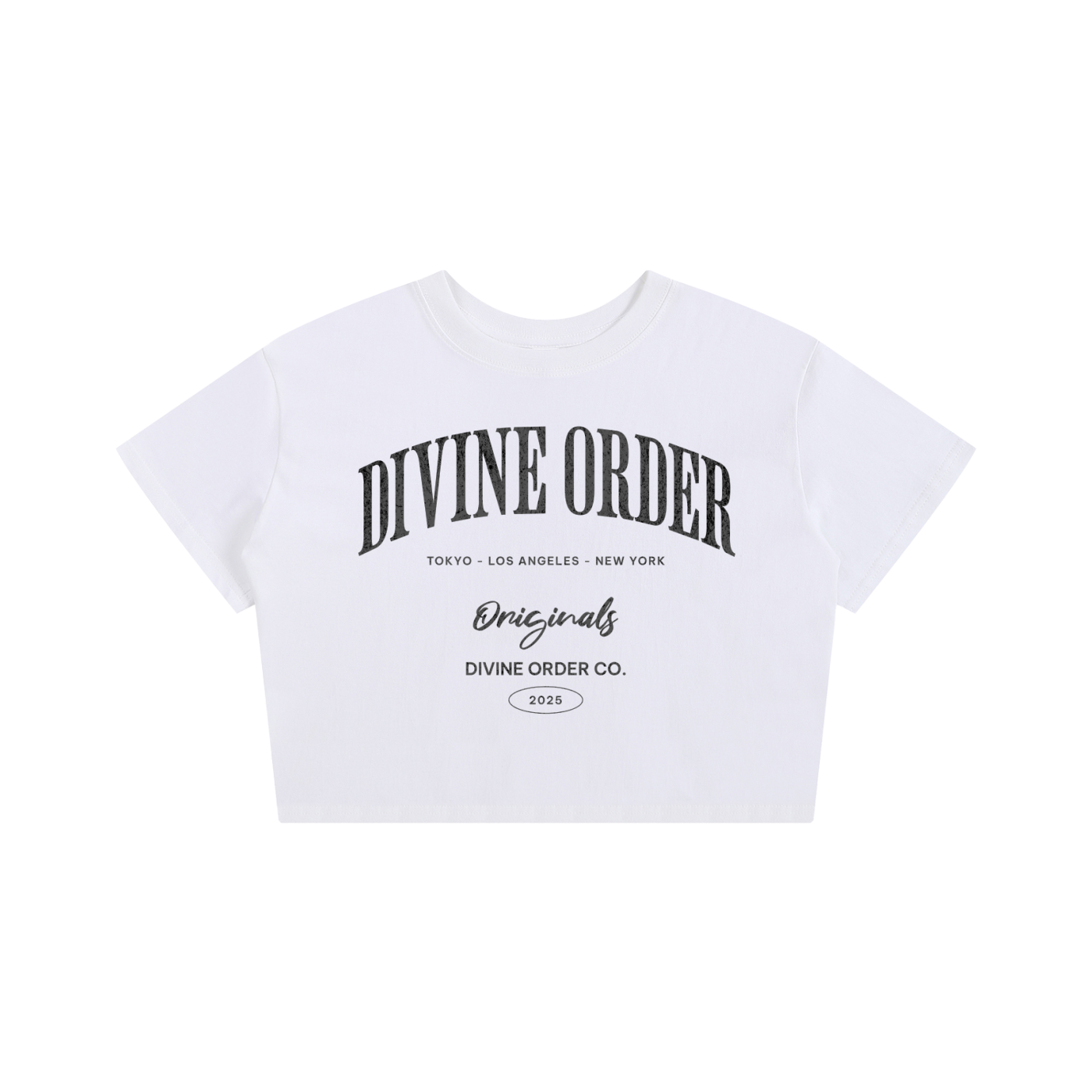 White crop top with 'Divine Order' branding on a white background