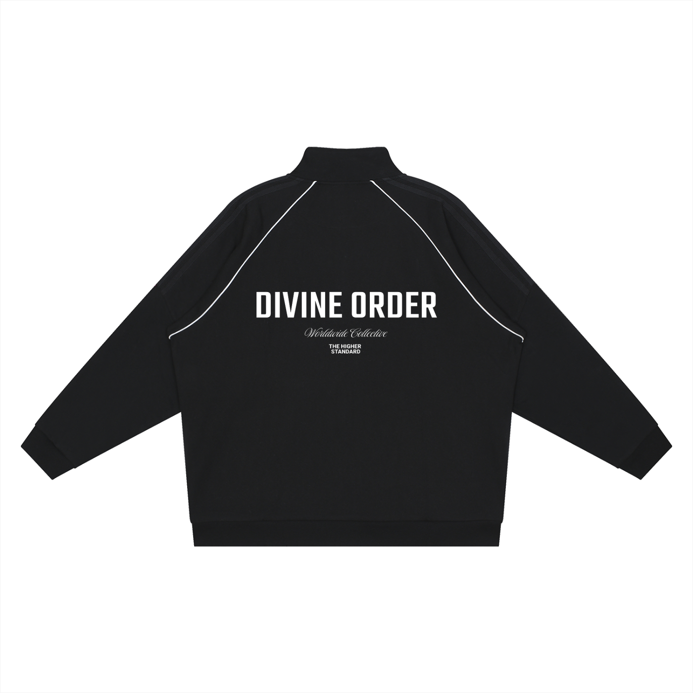 Black jacket with 'Divine Order' text on a white background