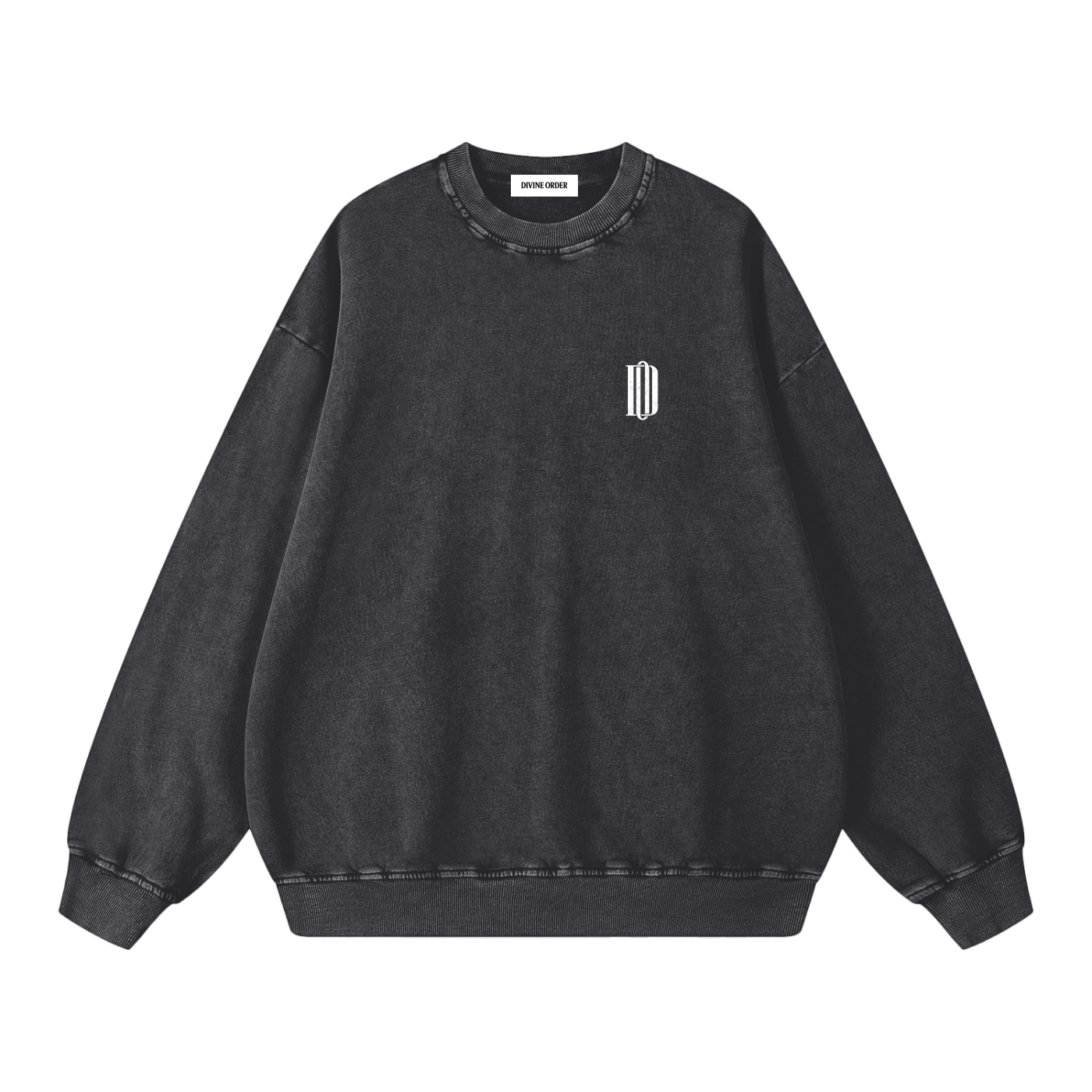 Black sweatshirt with a small logo on a white background