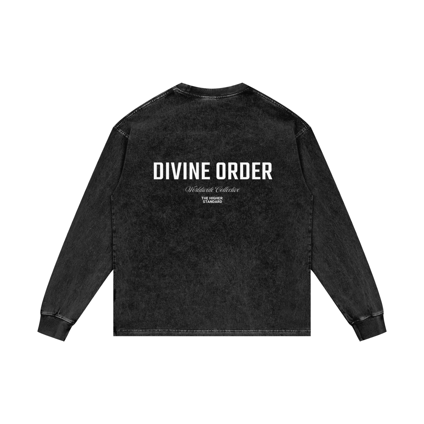 Black long-sleeve shirt with 'Divine Order' text on a white background
