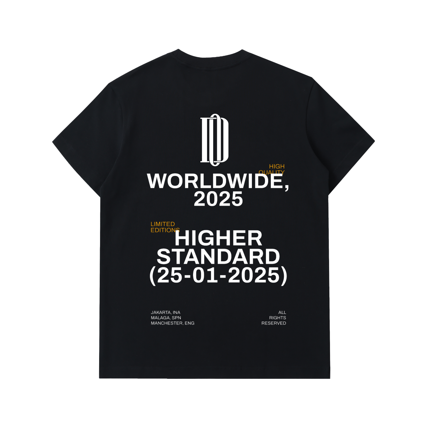 Black t-shirt with white text and design on a white background