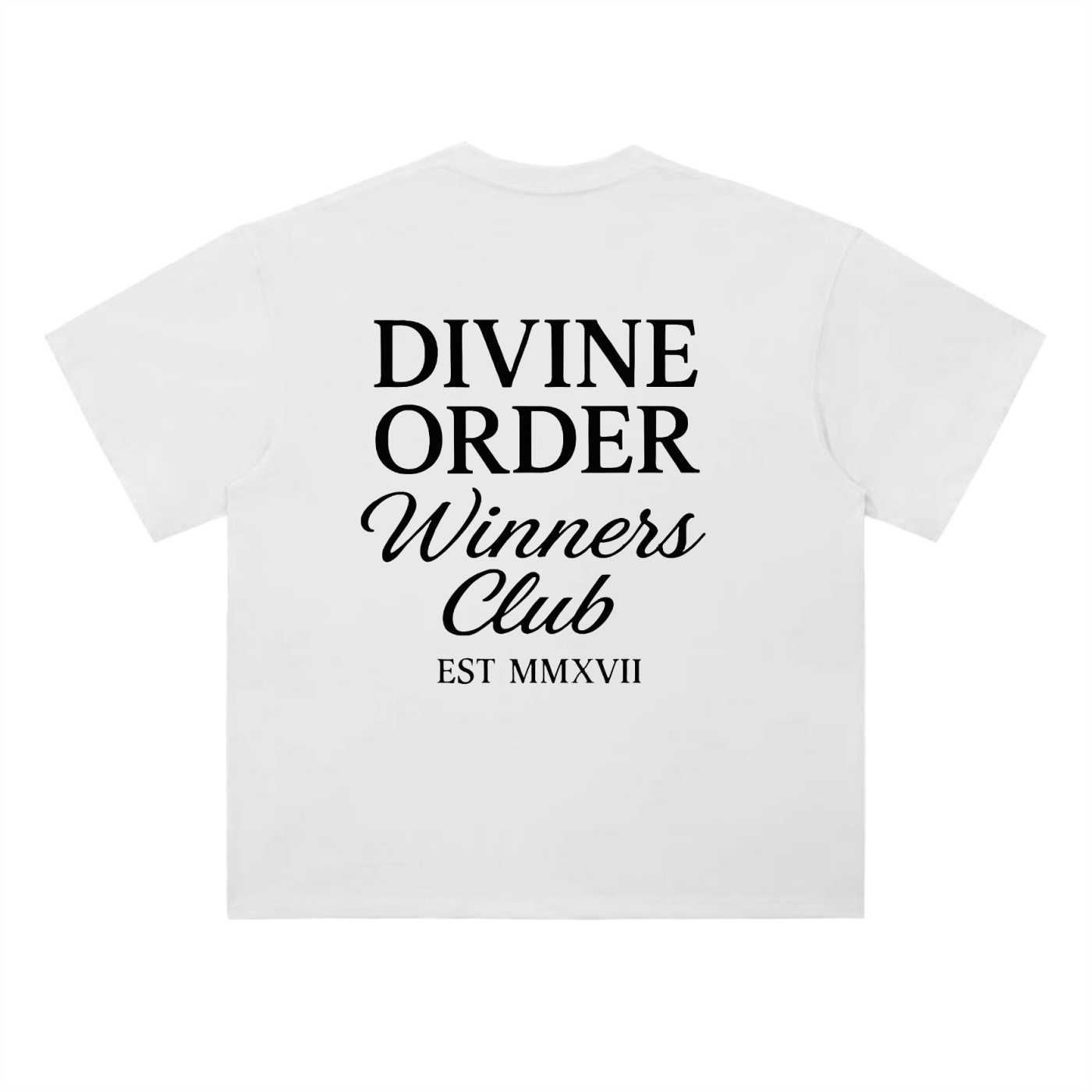 White t-shirt with 'Divine Order Winners Club' text on a white background