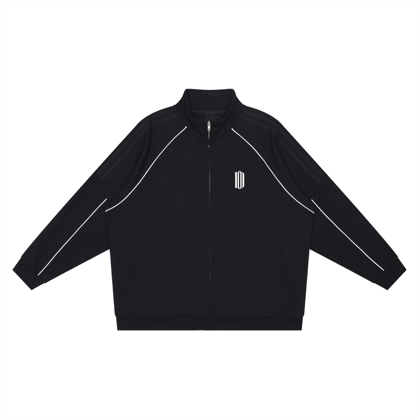 Black quarter-zip sweatshirt with white accents on a white background