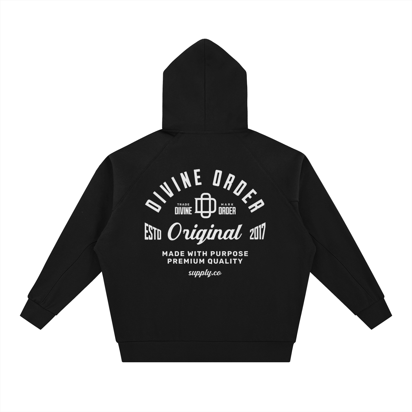 Black hoodie with white text on the back on a white background