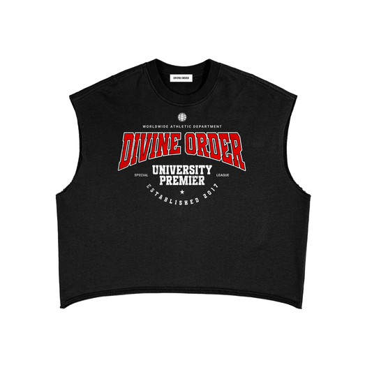 Black sleeveless shirt with 'Divine Order University Premier' text on a white background