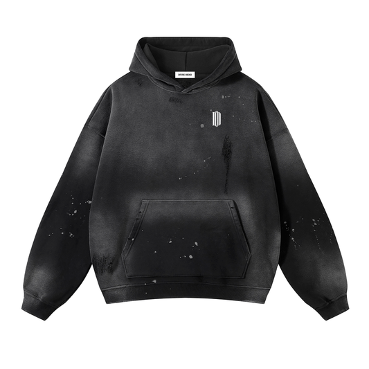 Black hoodie with a small logo on a white background