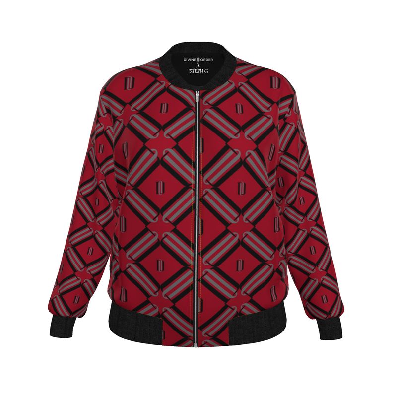 Divine Order™ × Steph G Women’s Bomber Jacket – Red Monogram Edition