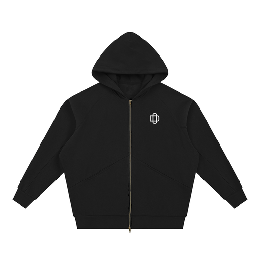 Black hoodie with a small white logo on a white background