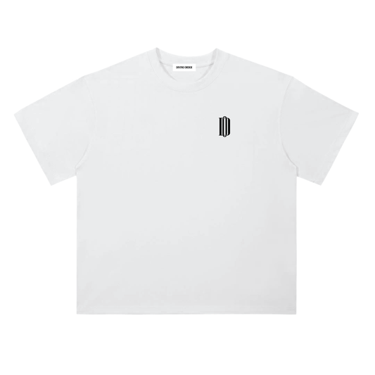 White t-shirt with a black logo on a white background