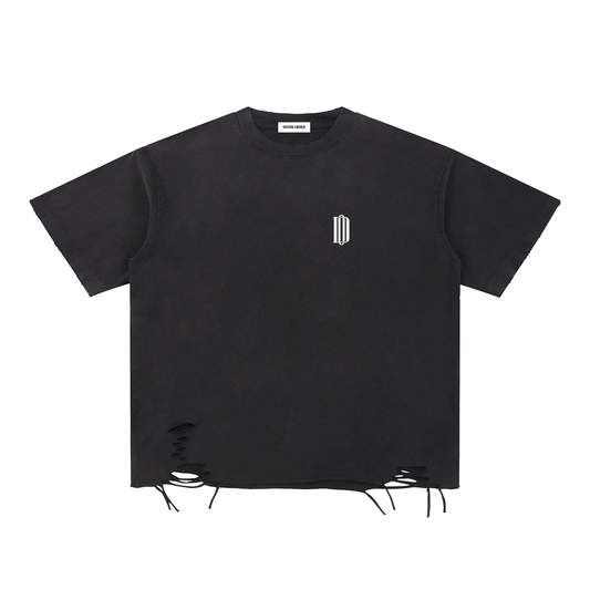 Black t-shirt with a small logo on a white background