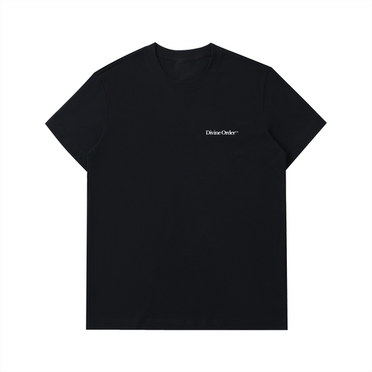 Black t-shirt with 'Divine Order' logo on a white background