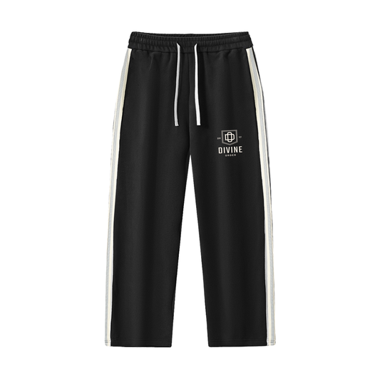 Black track pants with white stripes and a logo on a white background
