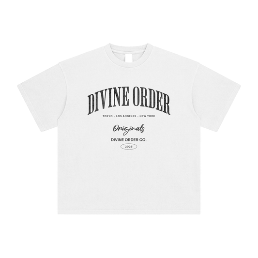 White t-shirt with 'Divine Order' text on a white background