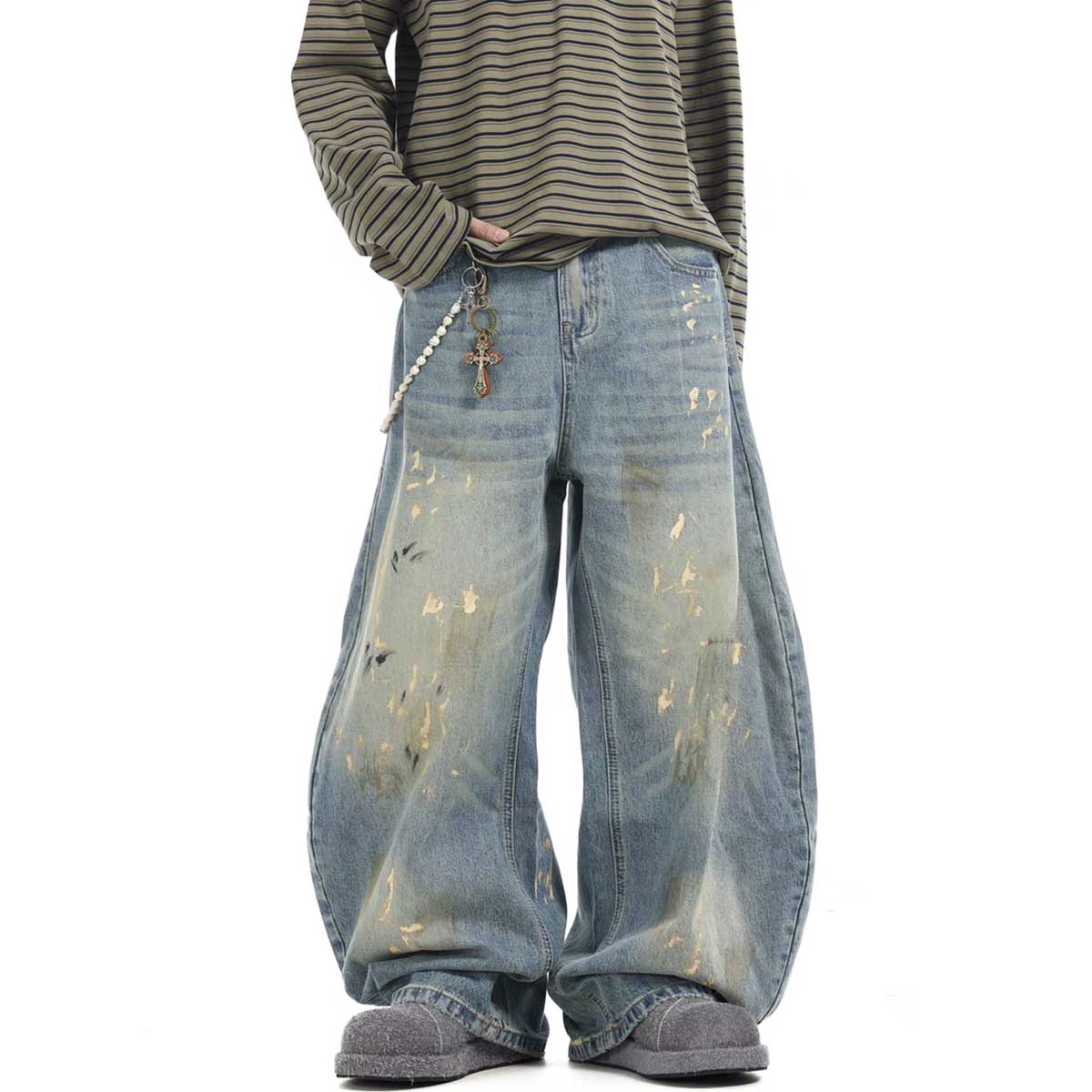 Divine Order Hand-Painted Loose Streetwear Jeans – Indigo Blue