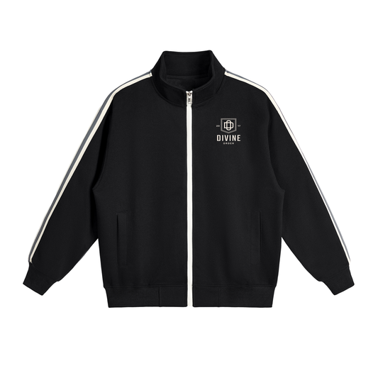Black jacket with white stripes on sleeves and a visible brand logo on a white background