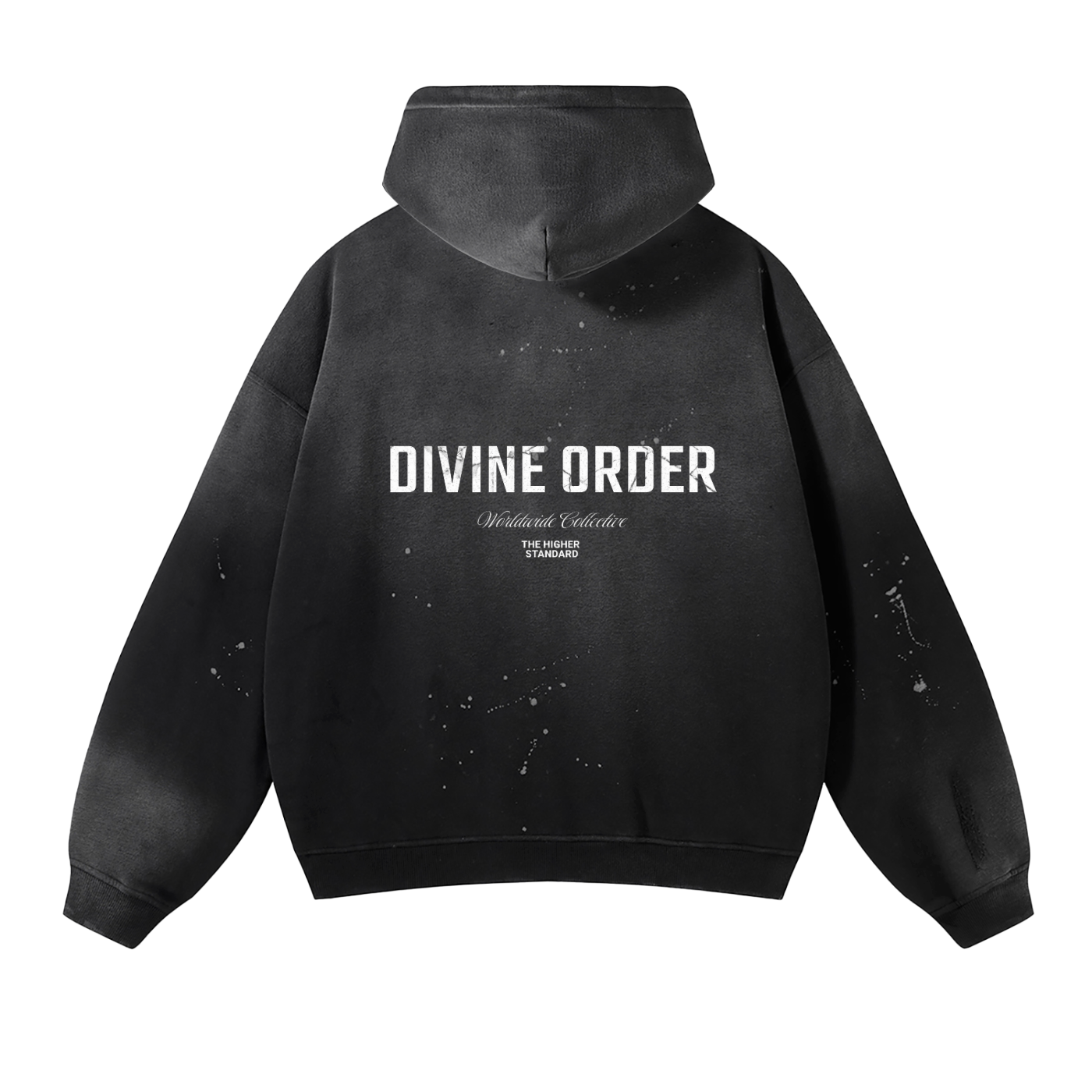 Black hoodie with 'Divine Order' text on the back against a white background