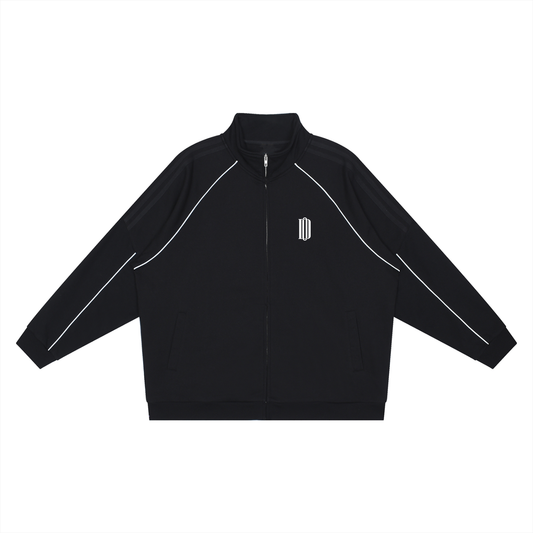 Black quarter-zip sweatshirt with white accents on a white background