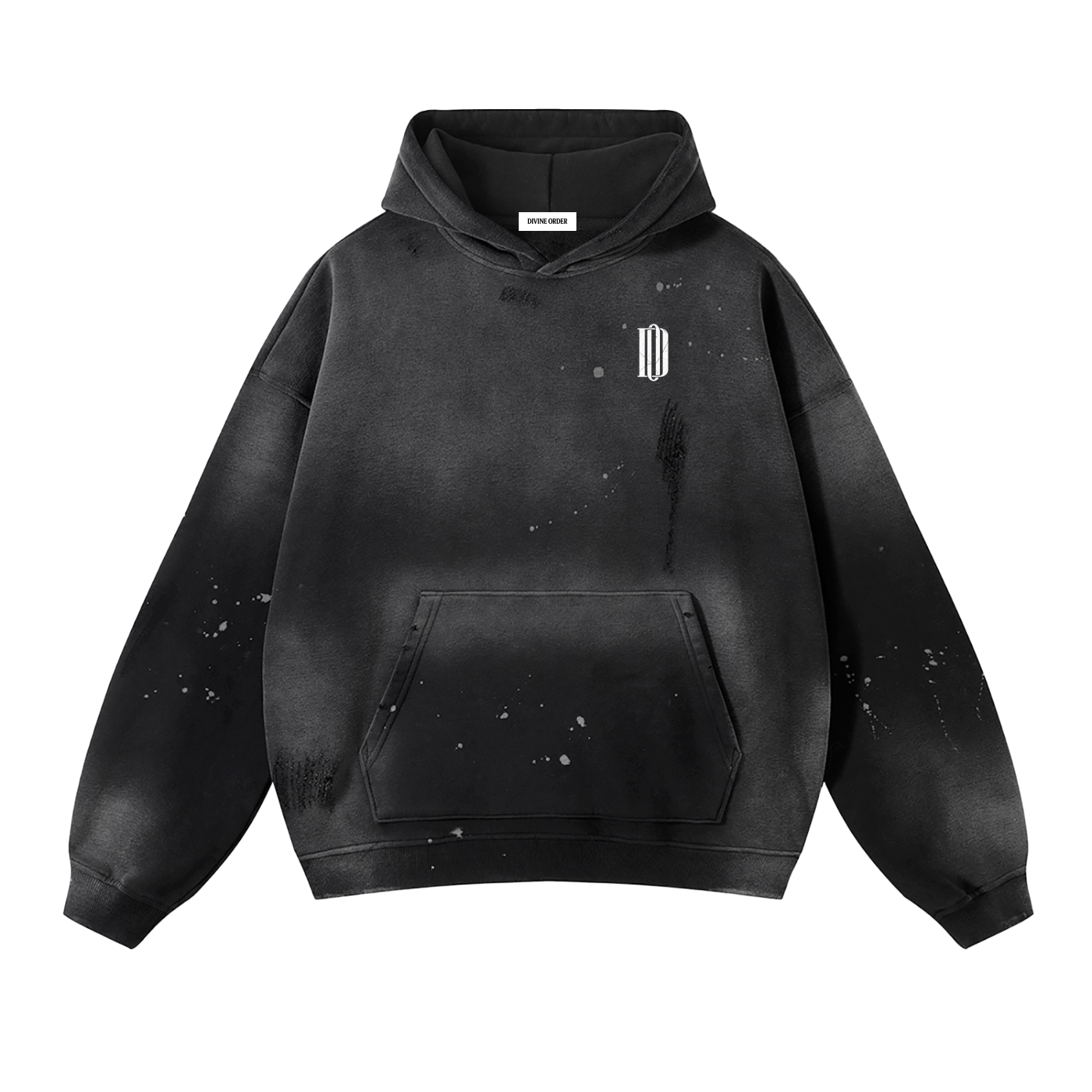 Black hoodie with a small logo on the chest against a white background